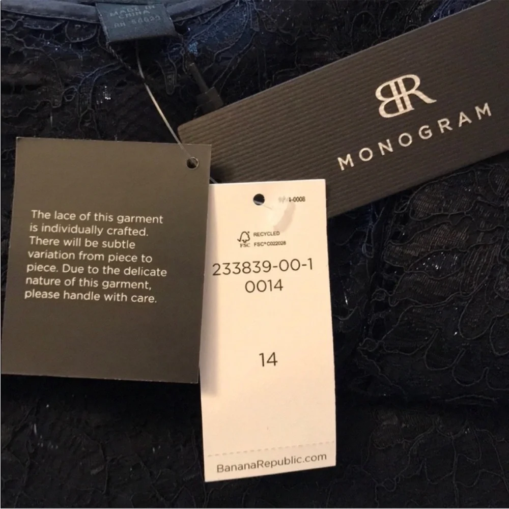 $270 Banana Republic Navy Blue Lace Dress Subtle Shimmer, Size 14 w/ STRETCH NWT - Picture 9 of 11